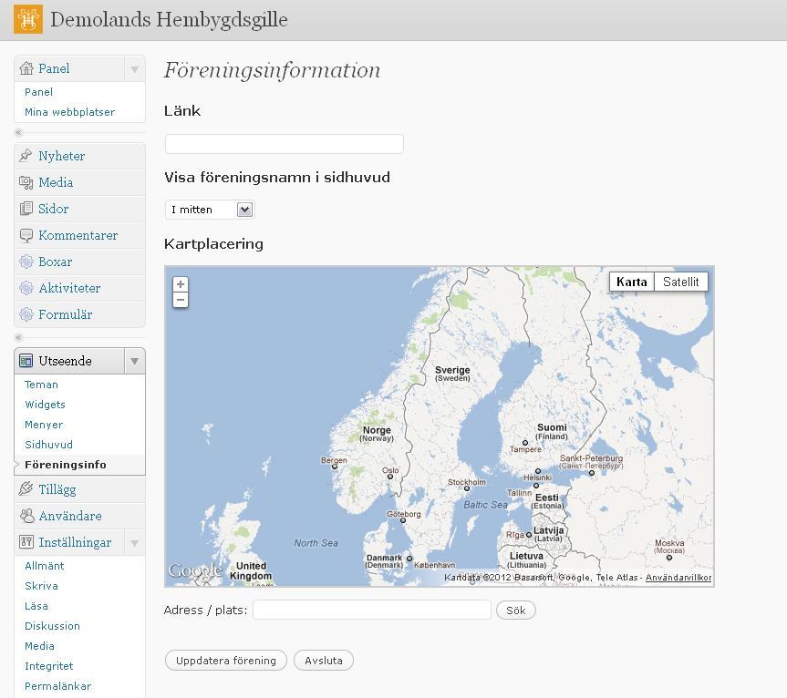 Hemsidesinställningar Varje förening kan anpassa delar av den gemensamma designmallen med bild i sidhuvudet.