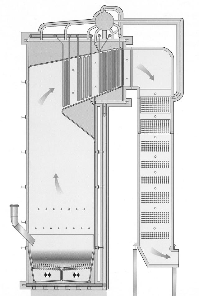 Figur 1. Schematisk bild över en fluidbäddpanna. Bädden befinner sig till vänster ovanför luftinblåsningen.
