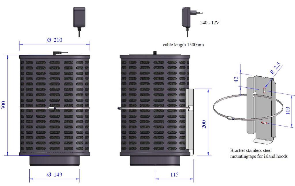 10. TEKNISKT DATABLAD Egenskaper Modell Varumärke Leverantör Dimensioner Färg Kontrollpanel Underhåll Material ytter filter Diameter yttre utblås Passar för motorer upp till Spänning LED (2) Adapter