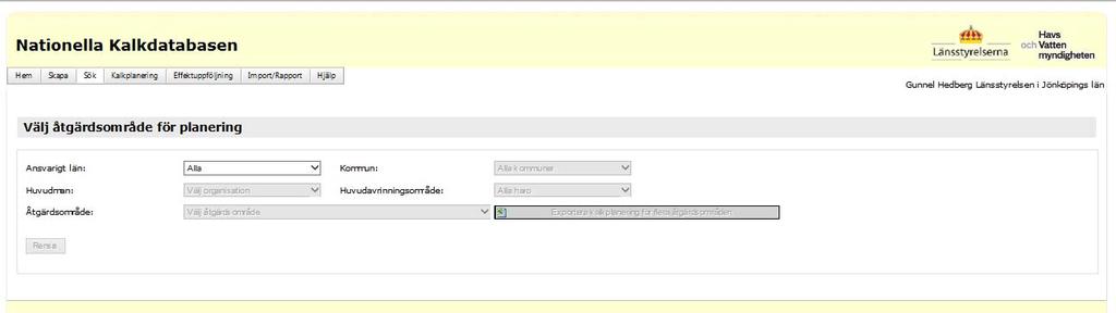 Sida 26/36 PLANERA KALKNING Tryck på Kalkplanering i menyraden. Välj Ansvarigt län och vilket Åtgärdsområde som ska planeras i rullistorna. Planeringstabellen öppnas automatiskt.