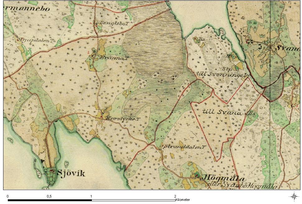 efter ett torpställe, Stranddalen. Kring detta låg ett antal små åkerlappar. Karta 2: Utdrag ur häradskartan från 1880. Bakgrundskartor Lantmäteriet, dnr 106-2004/188 3.