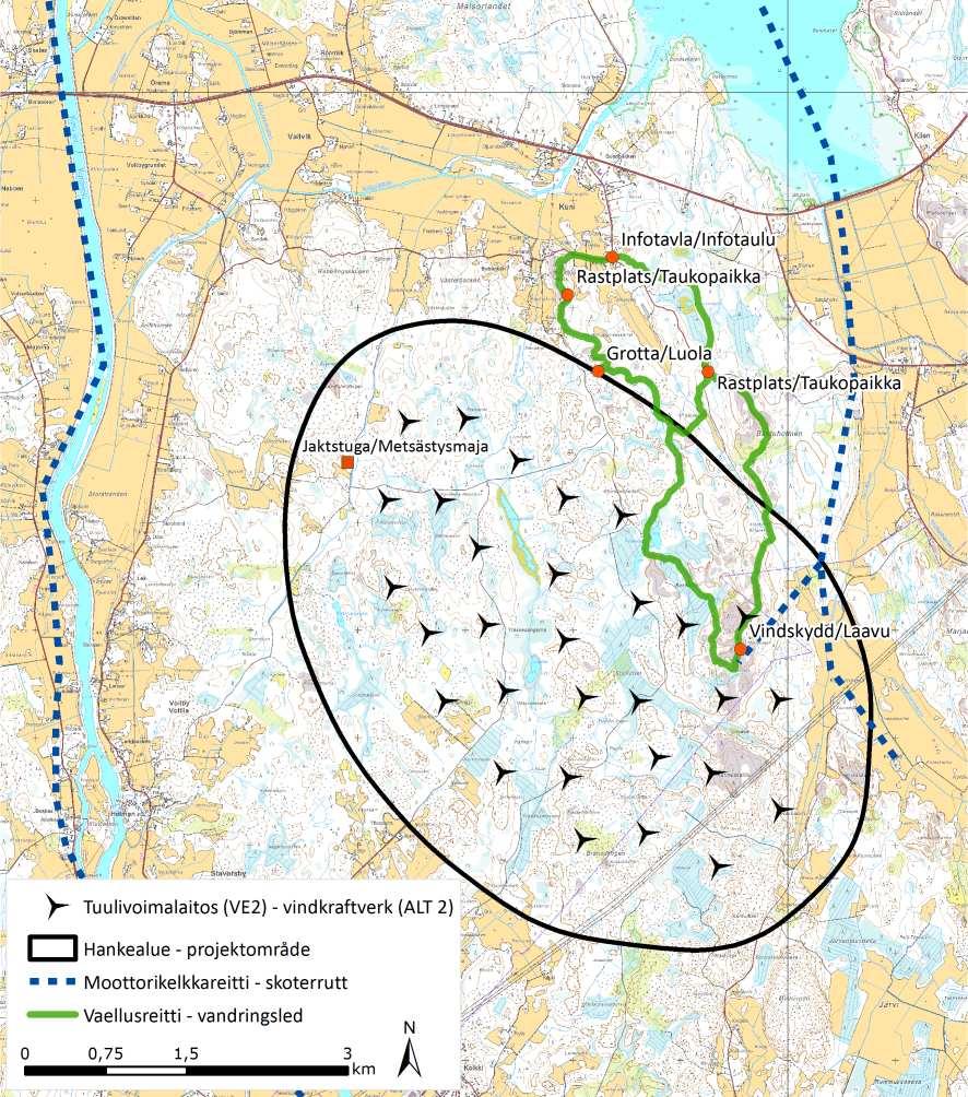 60 (87) MÄRKENKALL VINDKRAFTSPARK FCG DESIGN OCH PLANERING AB PROGRAM FÖR MILJÖKONSEKVENSBEDÖM- NING Bild 11.3. Vandringsleden och snöskoterleden. 11.1.3.3 Bebyggelse Det finns inga fasta bostäder inom projektområdet.