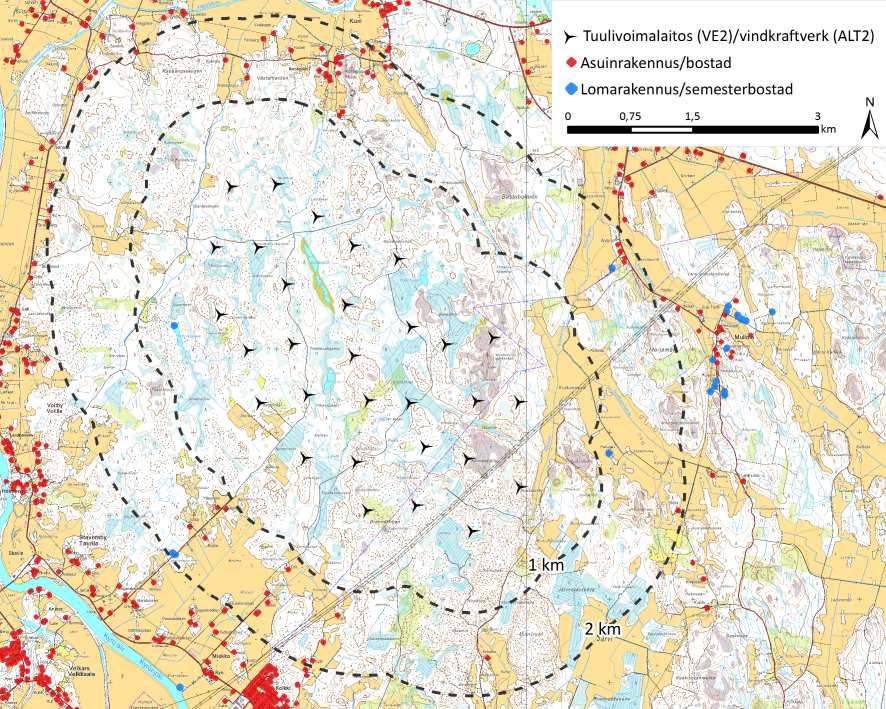 FCG DESIGN OCH PLANERING AB MÄRKENKALL VINDKRAFTSPARK 61 (87) Tabell 11.1. Bostads- och fritidsbyggnader mindre än en kilometer och mindre än två kilometer från vindkraftverken.