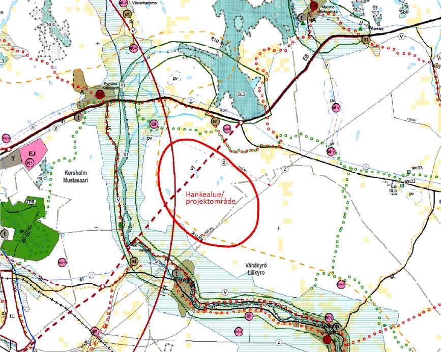 64 (87) MÄRKENKALL VINDKRAFTSPARK FCG DESIGN OCH PLANERING AB PROGRAM FÖR MILJÖKONSEKVENSBEDÖM- NING Bild 11.5. Utdrag ur Österbottens landskapsplan. Projektområdet har ritats in på plankartan.