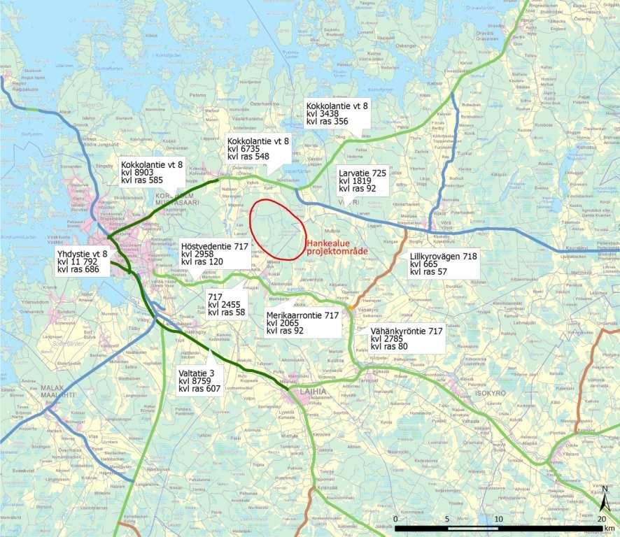 70 (87) MÄRKENKALL VINDKRAFTSPARK FCG DESIGN OCH PLANERING AB PROGRAM FÖR MILJÖKONSEKVENSBEDÖM- NING Bild 11.10. Trafikmängderna på vägarna i närheten av projektområdet 2012.