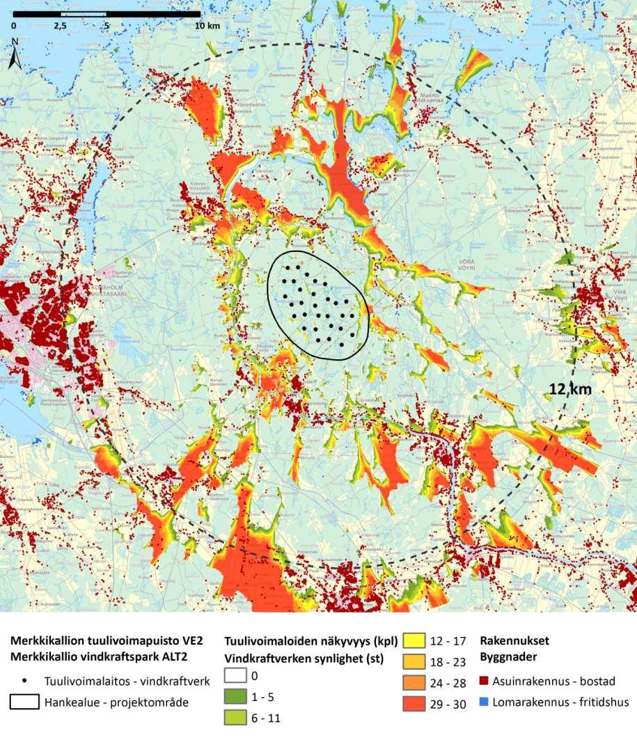 FCG DESIGN OCH PLANERING AB MÄRKENKALL VINDKRAFTSPARK 75 (87) Bild 11.14. Preliminära resultat av synlighetsanalysen i alternativ 2 (30 kraftverk).