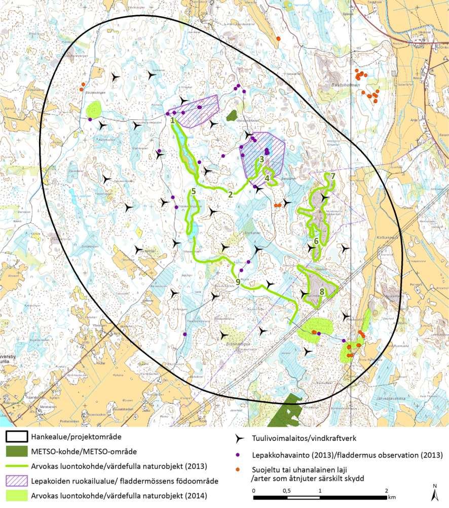 FCG DESIGN OCH PLANERING AB MÄRKENKALL VINDKRAFTSPARK 51 (87) Bild 10.1. Objekt på projektområdet som anknyter till den levande miljön. 10.4 Konsekvenser för Natura 2000-områden, naturskyddsområden samt objekt som omfattas av skyddsprogram 10.