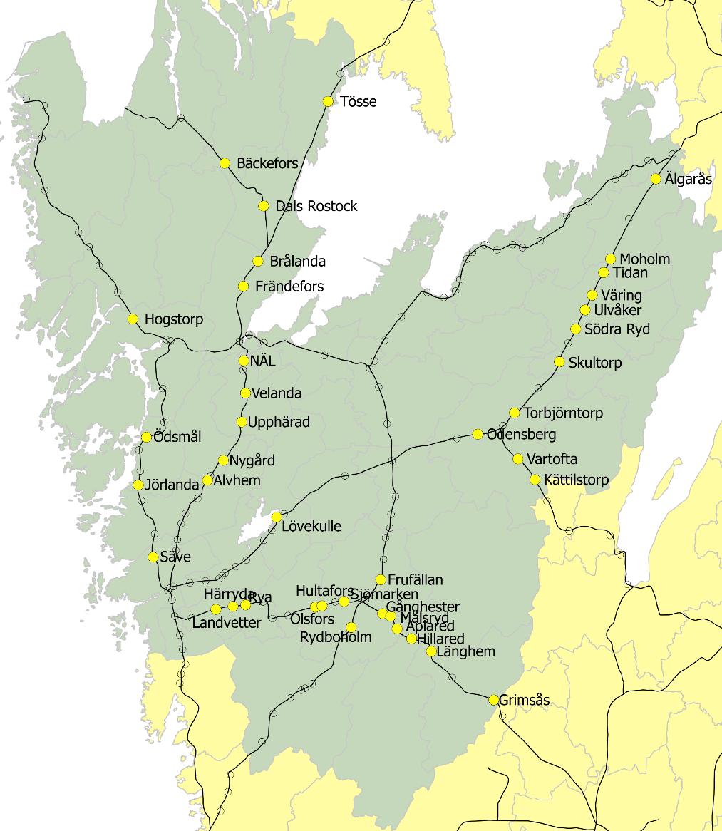 Västtågsutredningen 2017-05-09 8 (22) 4 Trettiofem tätorter och fem områden/stadsdelar I utredningen ingår 35 tätorter som ligger utmed Västra Götalands järnvägsnät.