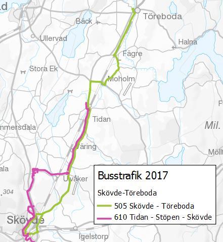 Tidan och Moholm Figur 3-23 Alternativa trafikupplägg mellan Töreboda och Skövde (UA1-UA5).