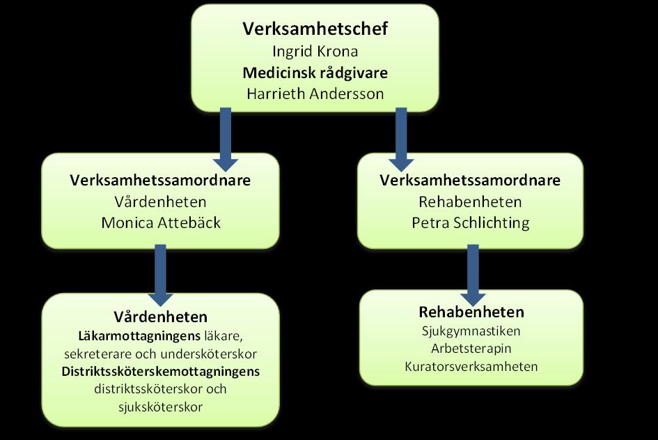 I organisationsschemat ovan beskrivs Gnesta Vårdcentrals organisationsbild. Verksamhetschef Ingrid Krona är direkt underställd Aina Nilsson, divisionschef för Primärvård.