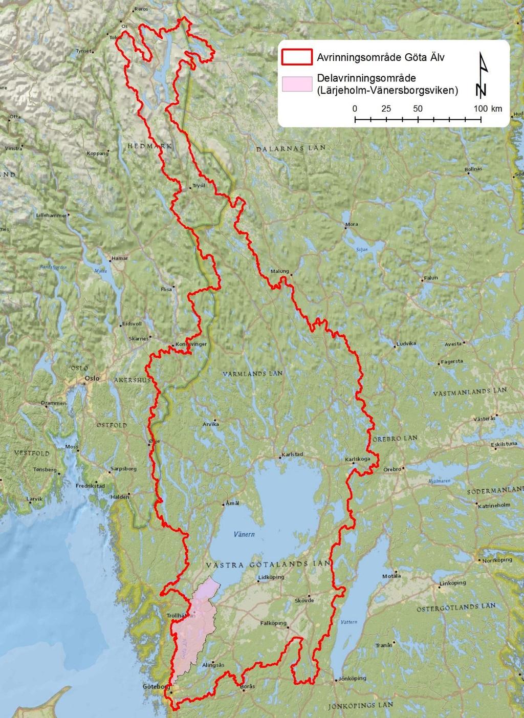 Figur 1: Avrinningsområdet för Göta älv (ca 50 233 km²) samt den del av avrinningsområdet som