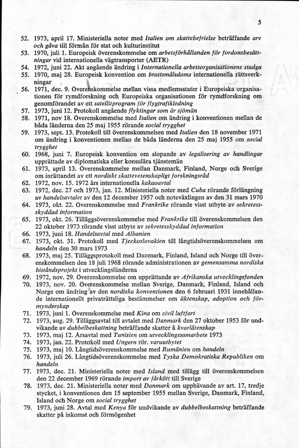 52. 1973, april 17. Ministeriella noter med Italien om skattebefrielse beträffande arv och gåva till förmån för stat och kulturinstitut 53. 1970, juli 1.