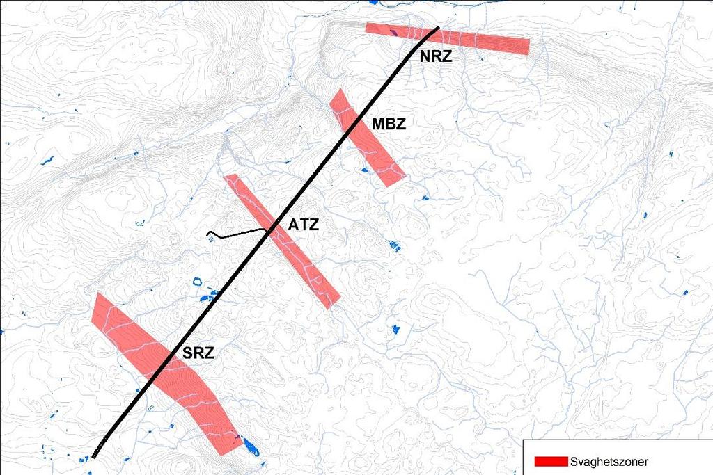 zonen som är starkt vittrat och leromvandlat. Flera mindre zoner i området har samma karaktär som ATZ men är bara på 10-50 meter breda (Annertz, 2014). Figur 1.