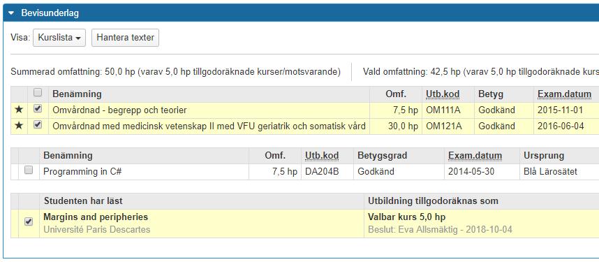 Utfärda kursbevis - Kurslistan Krusbevis kan utfärdas för: Avslutade kurser Annat resultat utbildningstypen kurs, på eget lärosäte Tillgodoräknande (studenter kan inte inkludera detta i sin ansökan