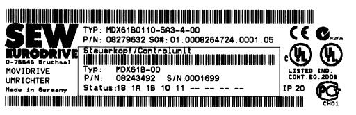 56493AXX Exempel: typskylt effektdel byggstorlek 1-6 Effektdelens typskylt på MDX61B.. byggstorlek 1-6 sitter på sidan.