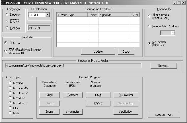 Idrifttagning Idrifttagning med PC och MOVITOOLS I 0 5 5.4 Idrifttagning med PC och MOVITOOLS Allmänt För idrifttagning med dator behövs programmet MOVITOOLS fr.o.m. version 4.20.