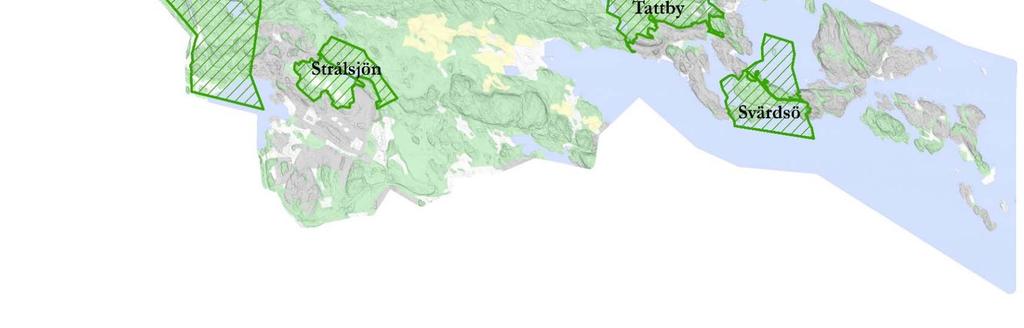 Grön rastrering - befintliga reservat i Nacka kommun som vunnit laga kraft.