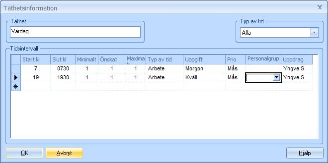 Ange behovet. För varje typ av dag anges det behov som finns. Varje tidsintervall specificeras, dvs. man väljer den aktuella uppgiften.