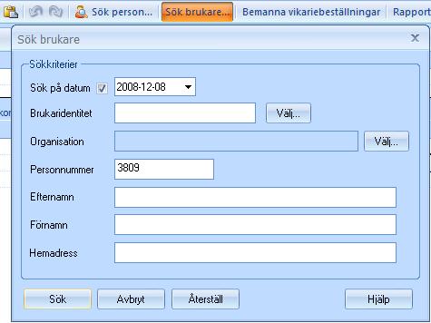 Sök kund (brukare) För att söka fram en viss kund (brukare), klicka på Sök brukare och fyll i de uppgifter du önskar.