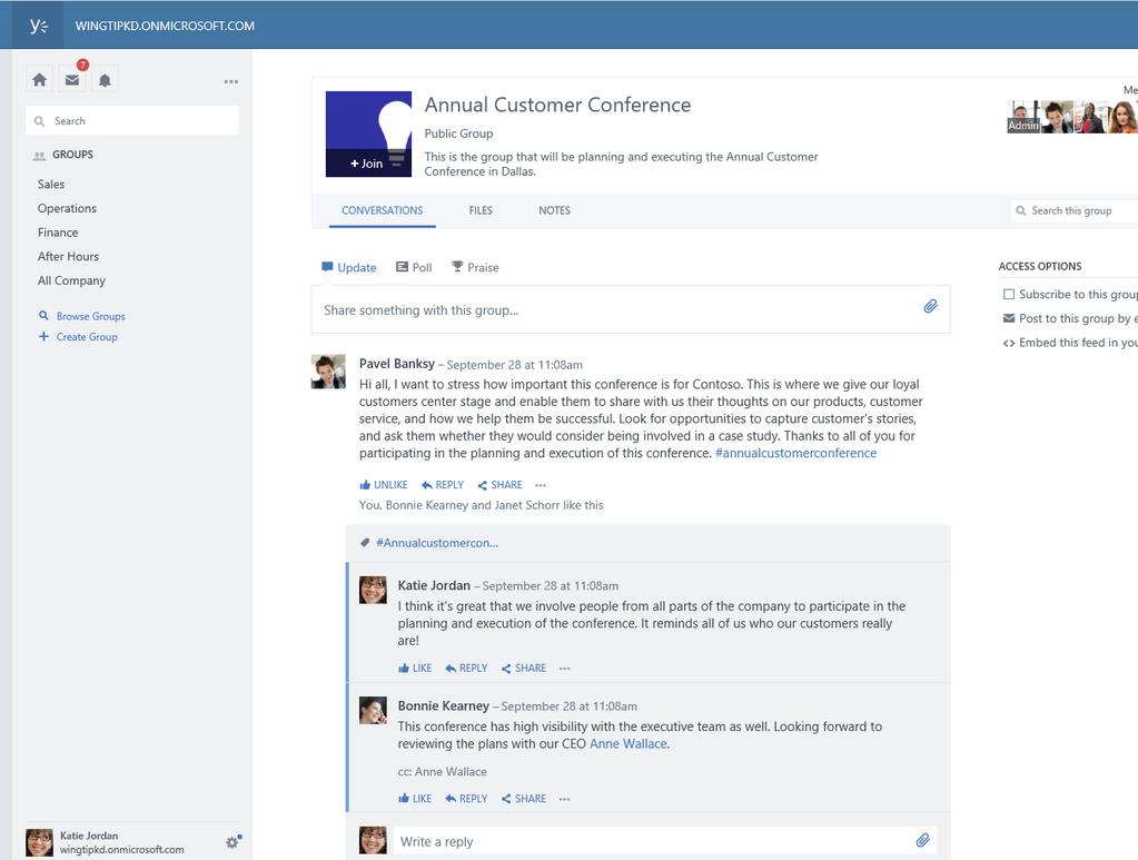 Yammer för intern kommunikation Företagets rykte byggs upp av meddelanden från företaget till medarbetare och kunder.