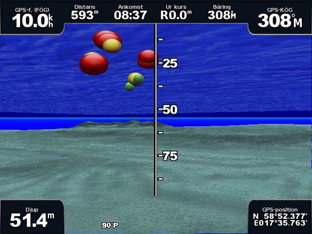 Använda sjökort Använda sjökort Använda Fish Eye 3D Med hjälp av djupkonturlinjerna i BlueChart g2 Vision-kartografin visar Fish Eye 3D en undervattensvy över havs- eller sjöbotten.