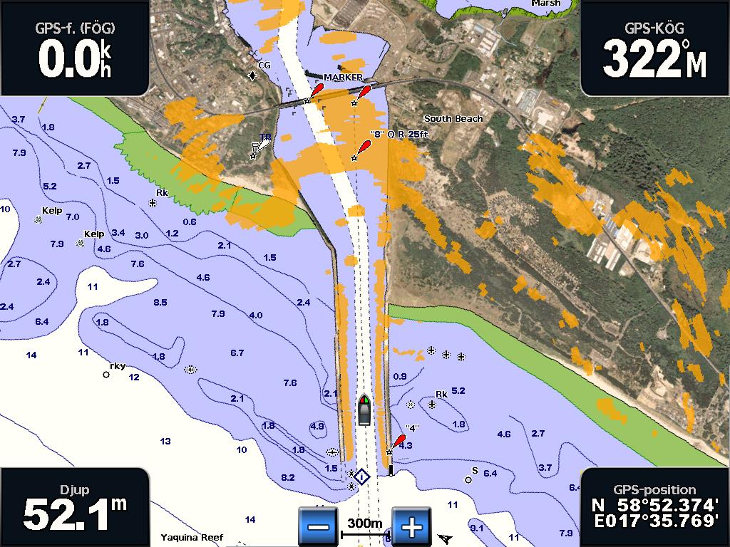 alternativet Överlagrad radarbild kan du överlagra radarinformation på navigationssjökortet. Radarräckvidd Använda radar Välj Radar > Överlagrad radarbild på skärmen Hem.