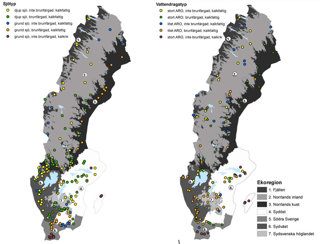 Förändringar i sjöar och vattendrag Figur 2. Till vänster, sjötypernas fördelning på ekoregionerna och till höger, vattendragstypernas fördelning på ekoregionerna i Sverige.
