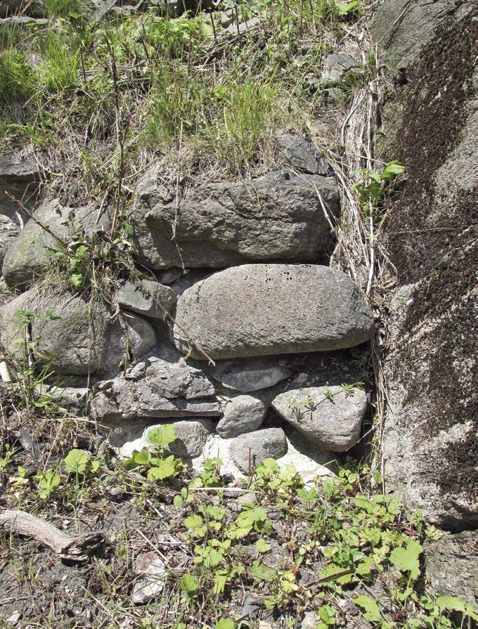 Figur 13. Närbild av den östra delen på mur 505. Foto, mot norr: Anders Kjellin. Mur 506 Terrass/befästningsmur cirka 0,8 meter hög med upp till 0,6 meter stor sten i 2 3 skift.