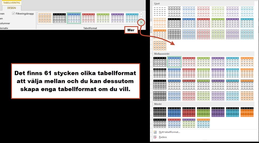 Automatisk formatering av tabellen När du skapar en definierad tabell appliceras automatiskt ett tabellformat.