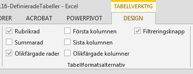 Tabellformatsalternativ med Summarad I gruppen Tabellformatsalternativ kan man med kryssrutor snabbt ändra layout och funktioner för tabellen. Rubrikrad brukar man så gott som alltid ha ikryssad.