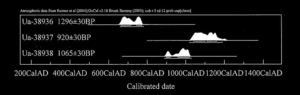 Själva bottenplanet daterades till 1140 1200 e.kr. (prov 2). Det tjocka kollagret under vallen daterades till 665 715 e.kr. (prov 1). Provet togs djupt ner ur kollagret.