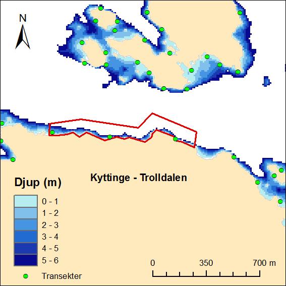 AquaBiota Report 2015:12 Figur 45. Karta över området Kyttingevik - Trolldalen. ita vattenområden är över 6 meter djupa.