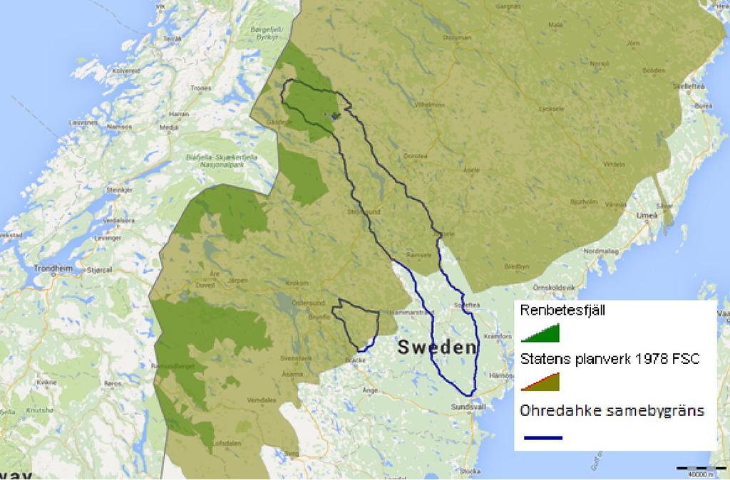 Figur 1. Översiktskarta över Ohredahke sameby (Ohredahke renbruksplan 2013, redigerad; Lantmäteriet 2014).