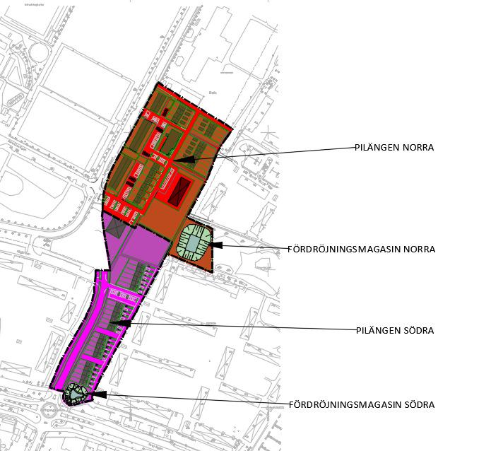 Sida (5) 6.3 Dagvattenhantering Avrinningsområdet delas i 2 mindre avrinningsområden, Pilängen Norra och Pilängen Södra där ett fördröjningsmagasin placeras till varje avrinningsområde.