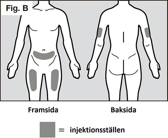 Steg 4. Välj och förbered ett injektionsställe Rekommenderade injektionsställen är framsidan och mitten av låren samt nedre delen av buken minst fem centimeter nedanför naveln. (Se fig.