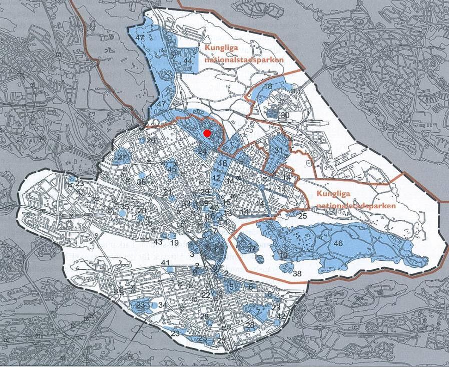 SID 4 (8) Miljöer inom riksintresset för Stockholms innerstad med Djurgården. Röda pricken visar planområdet.