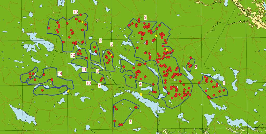 Kartor Röda markeringar är övriga kulturhistoriska ar, gula