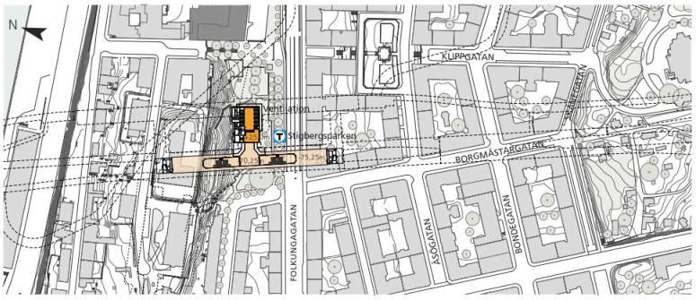 redovisas stationsentréerna i förhållande till övrig bebyggelse för färdig anläggning. Figur 8.