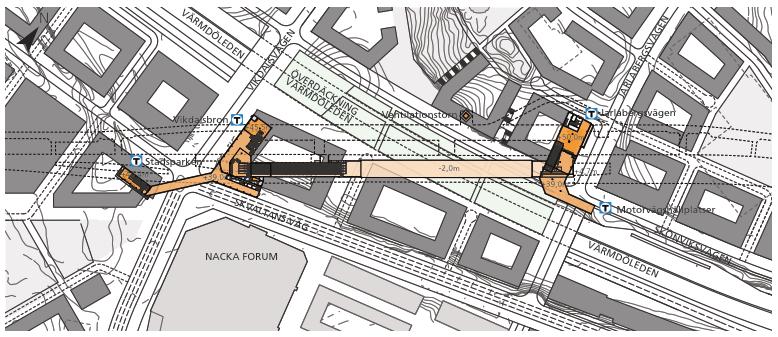 Stationsentréer och etableringsytor vid station Nacka Centrum. Figur 17. Stationsentréer till station Nacka Centrum för färdig anläggning.