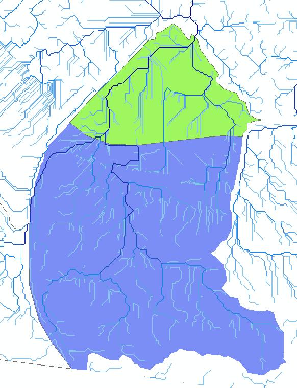 Figur 2. Resultat från avrinningsanalys i GIS. Avrinningsområden norr och söder om lokalgatan visas i olika färg.