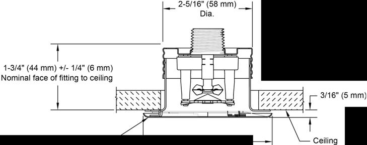 1 3/4" (44 mm) +/ 1/4" (6 mm) Fästets nominella monteringsyta till tak Pin Stift (extende (utdraget) 11 d) : : 11 1 H Deflector Deflektor (extended) (utdragen) 11,.