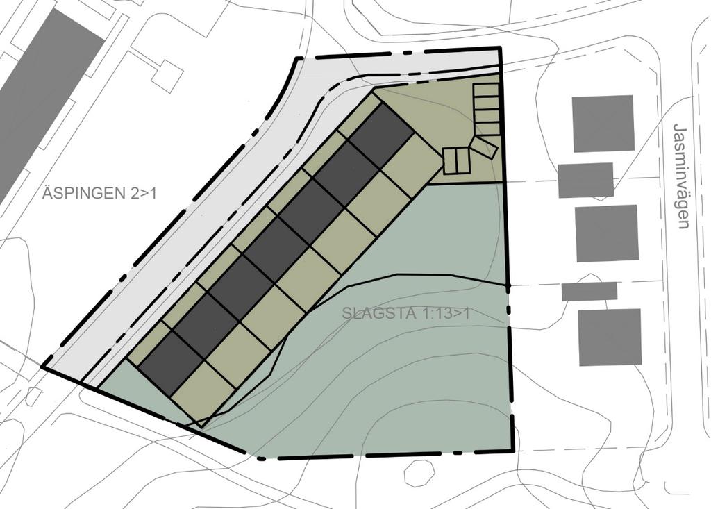 Eskilstuna kommun 8 (17) Illustrationsplan för hur område 1 kan utformas med sju stycken radhus. Parkering kan lösas via infart från Olofslundsgatan i norr.