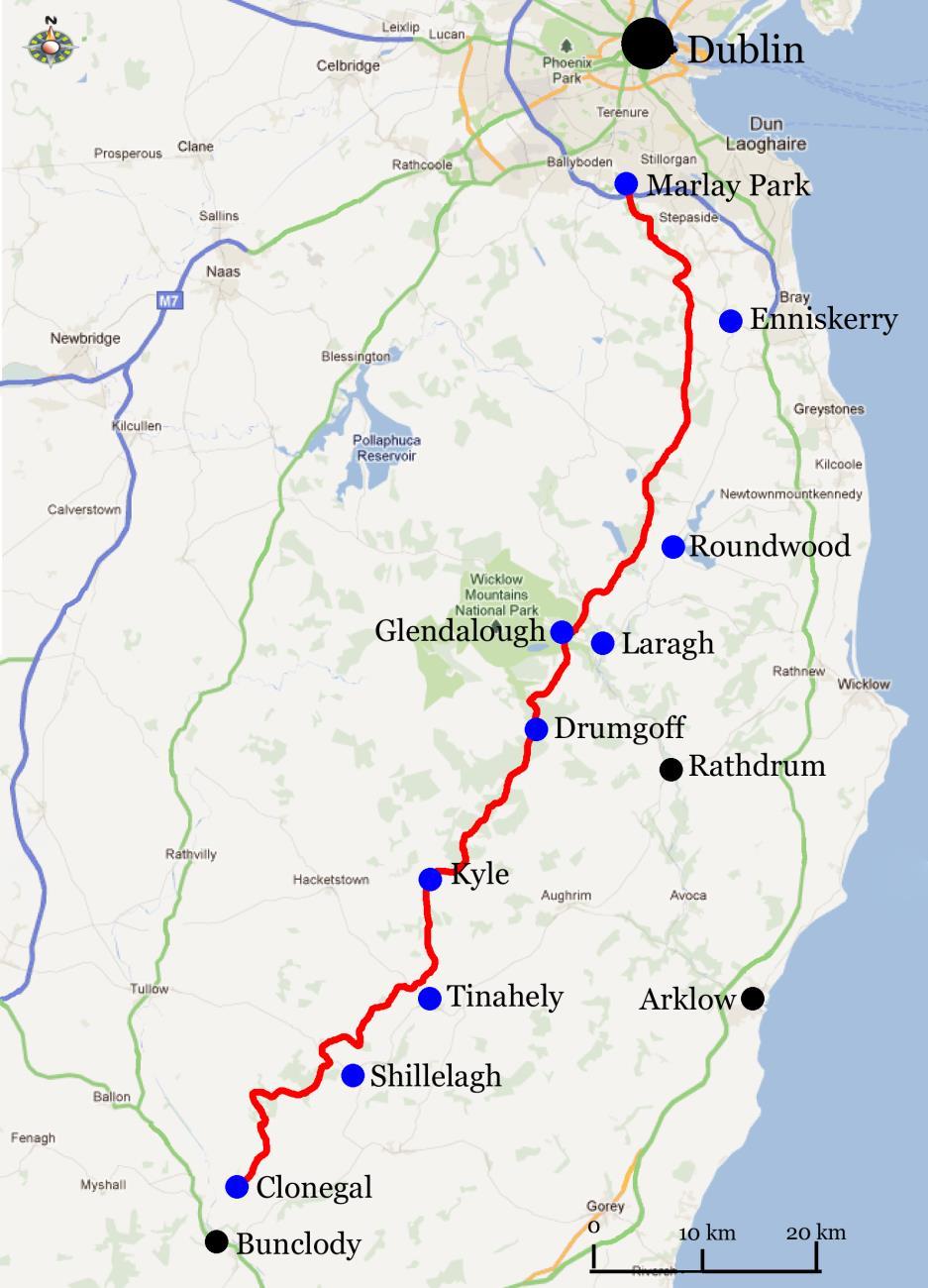 Wicklow Way, Tinahely Marlay Park och Dublin, 7 nätter 7(8) Den legendariske vandraren JB Malone kom med ett första förslag till dragning av Wicklow Way 1966.