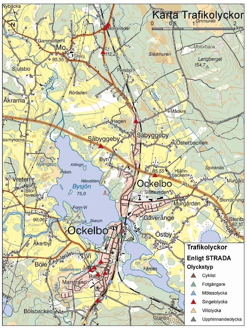 Trafikolyckor Utdrag från STRADA ger olycksstatistiken enligt karta i figur 8 nedan. STRADA är ett informationssystem för data om skador och olyckor inom hela vägtransportsystemet.