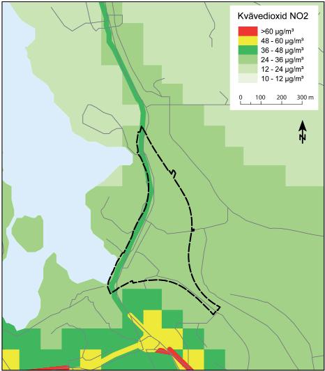 Figur 5.9.1 Längs Roslagsvägen är luftföroreningshalten förhöjd. Miljökvalitetsnormen för kvävedioxid innehålls.