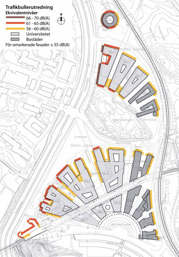 kets byggregler på högsta tra kbullernivåer inomhus klaras. Ett runt bostadshus planeras i norra delen av planområdet, kallas nedan Runda huset i norra delen.