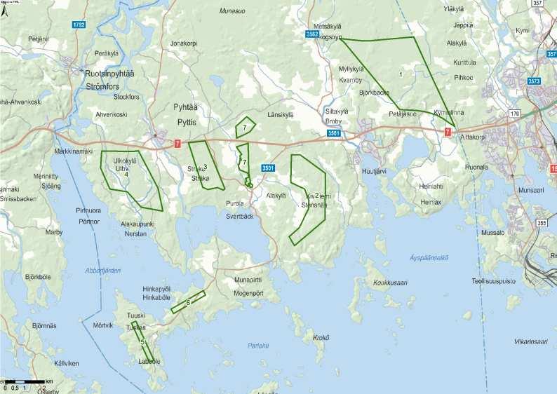 FCG Suunnittelu ja tekniikka Oy Prgram för deltagande ch bedömning 3 (19) 2 Planmråde Preliminärt granskas mrådeshelheter för sju vindkraftsparker, vilka i huvudsak utgörs av mråden sm i planeringen