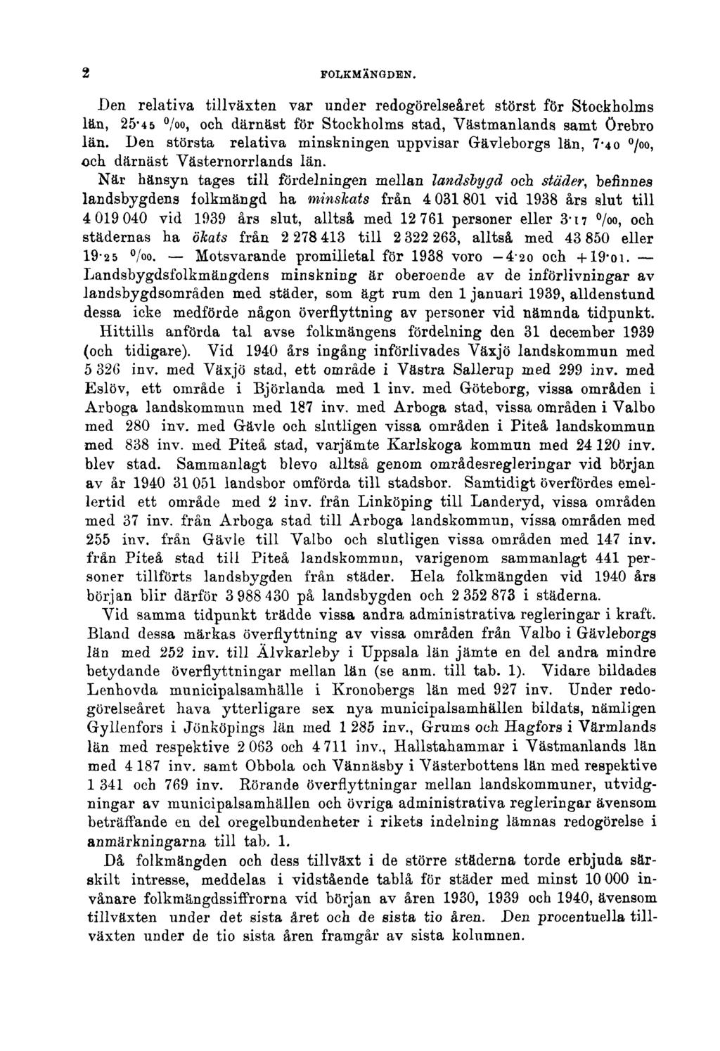 2 FOLKMÄNGDEN. Den relativa tillväxten var under redogörelseåret störst för Stockholms län, 25'4 5 /oo, och därnäst för Stockholms stad, Västmanlands samt Örebro län.