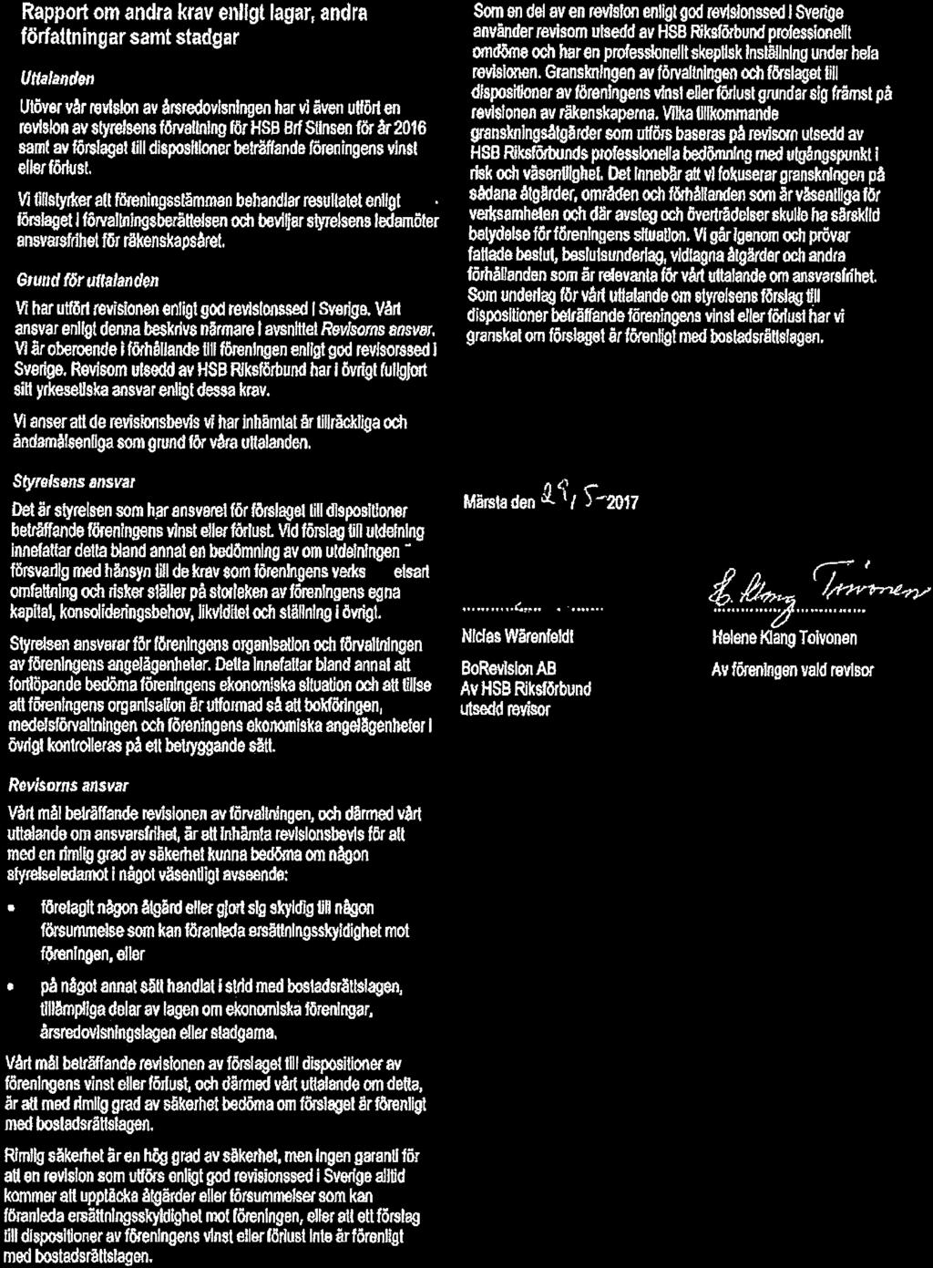 Rapprt m andra krav enligt lagar, andra författningar samt stadgar Uttalanden Utöver vår revtstn av årsfedvlsningen har vi även utfört en revistn av styrelsens föwaltnlng (r HSB Brf Stinsen för år