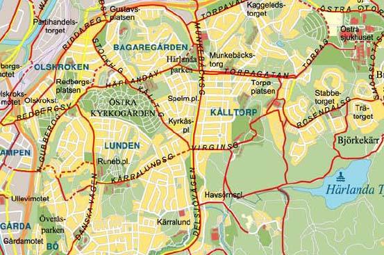 9 Härlanda park Karta: Befintliga gång- och cykelvägar (röda linjer) i närheten av Härlanda park Reklamskyltar Idrottsanläggningen ligger centralt i stadsdelen, med bostäder och kulturhistoriska